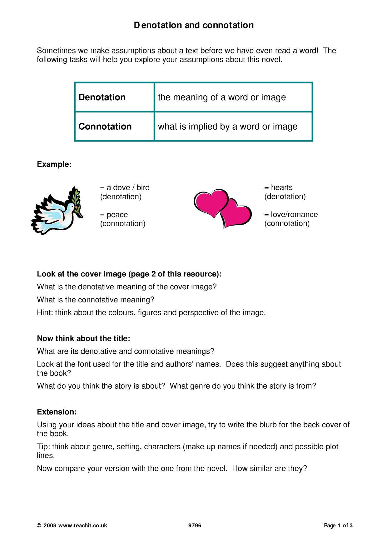 Denotation and connotation With Regard To Denotation And Connotation Worksheet