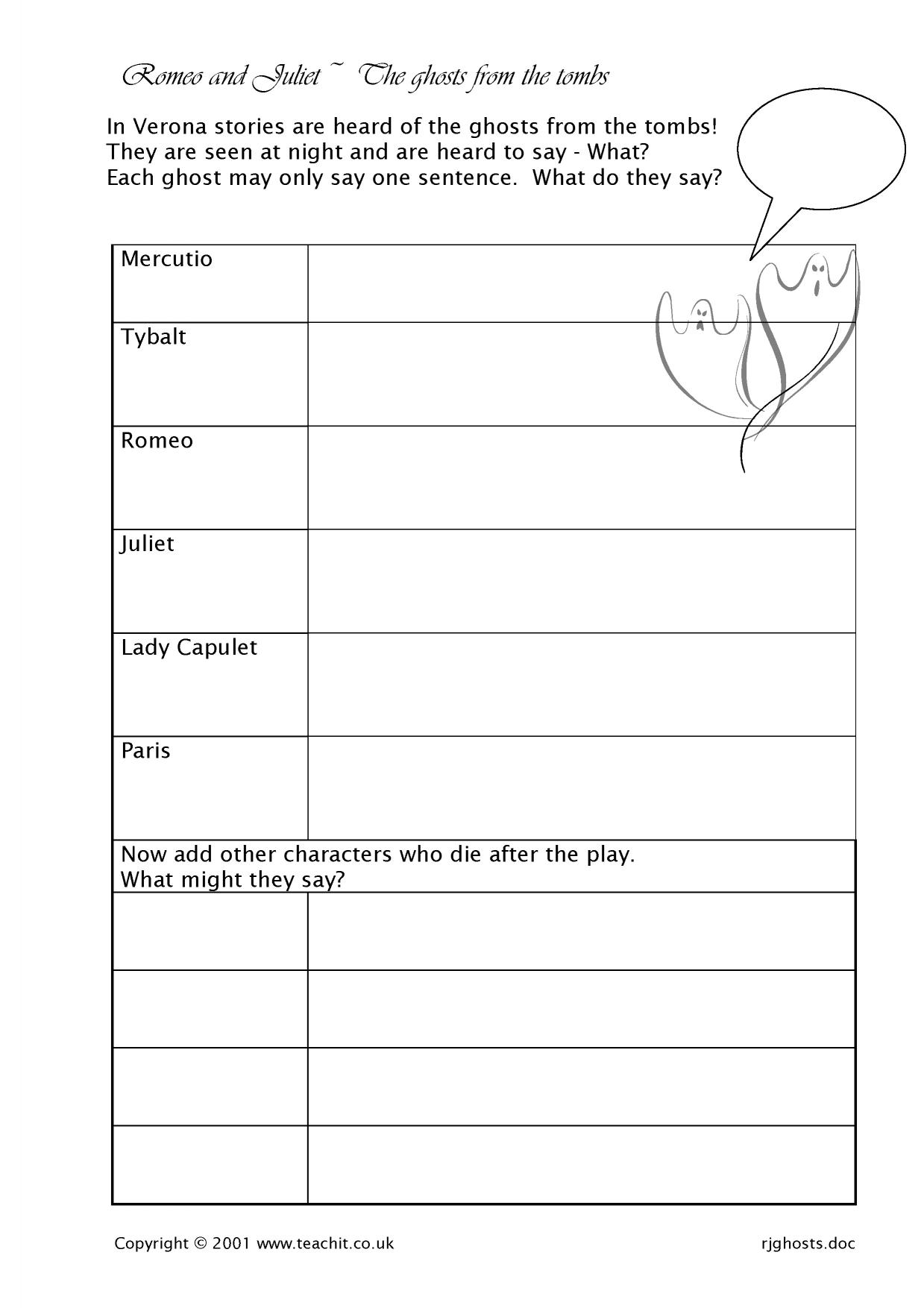 KS11 Plays  Romeo and Juliet  Teachit English For Romeo And Juliet Worksheet