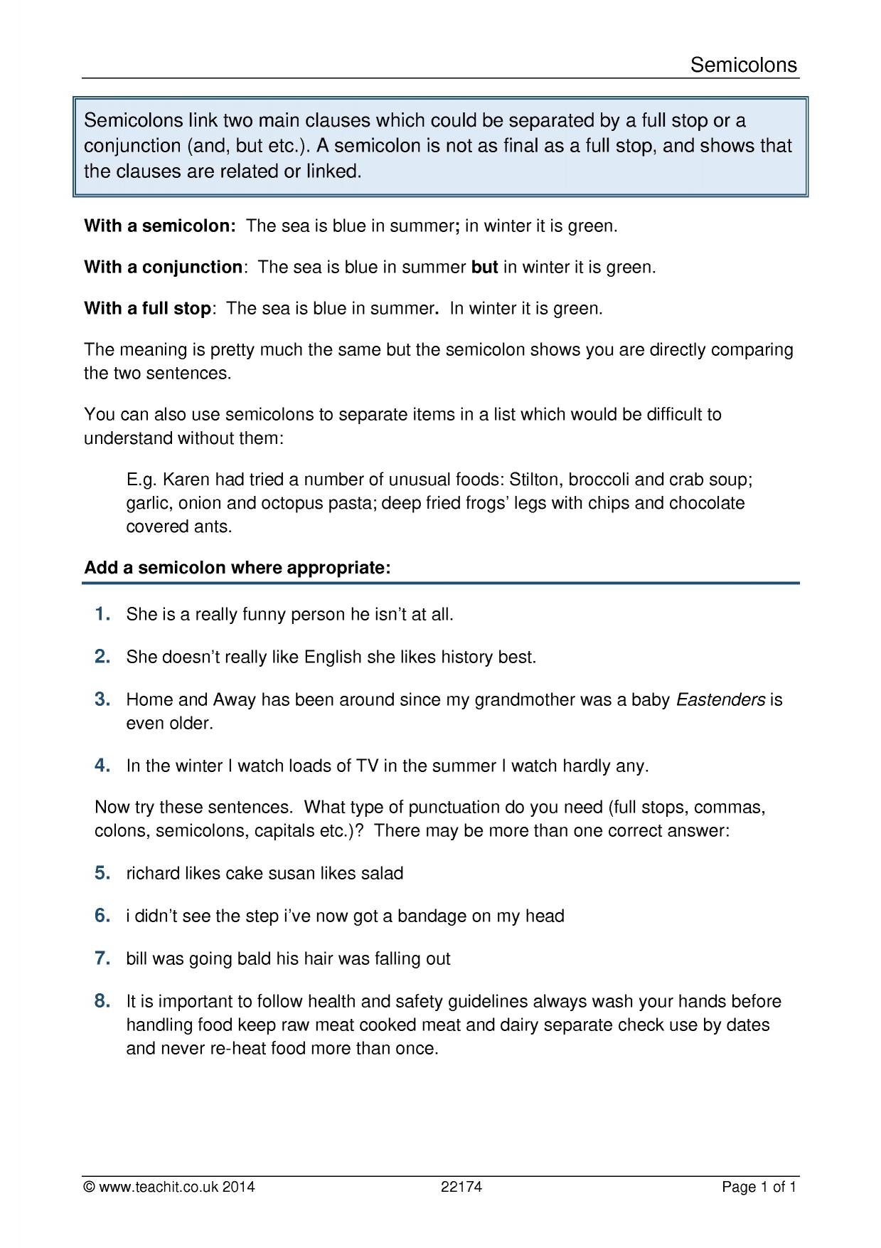 Using semicolons correctly  KS22-22 English  Teachit Within Semicolon And Colon Worksheet