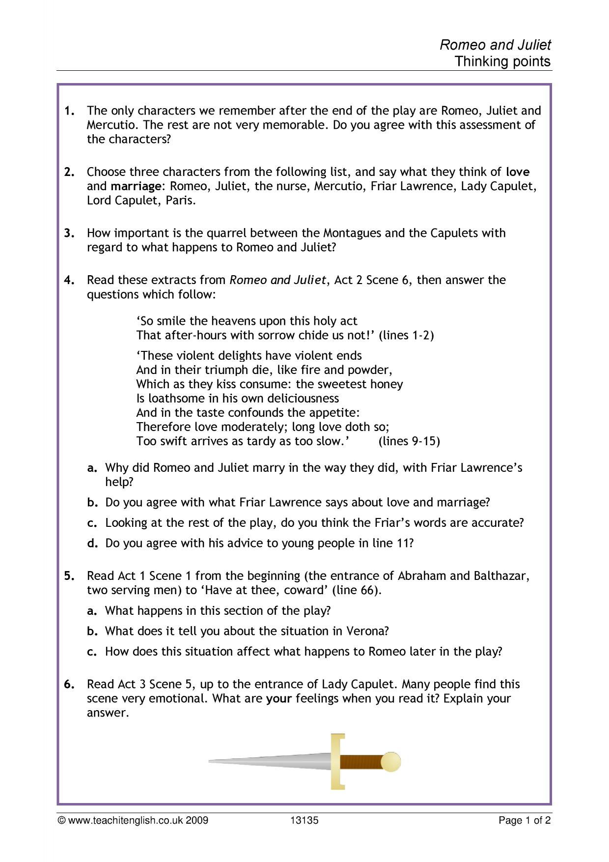 Romeo And Juliet Student Worksheet 3 Character Chart Answers